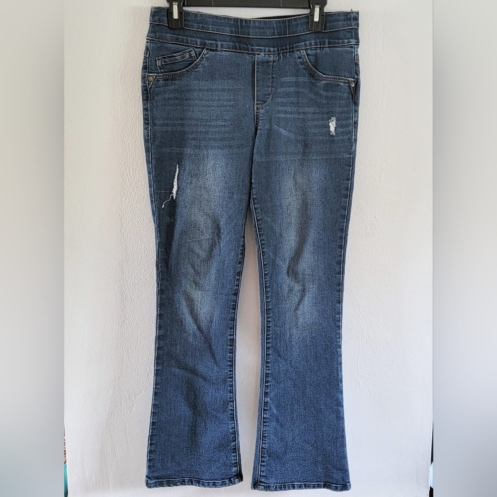 6 Democracy Ab Solution Pull On Boot Cut Mid Rise Medium Dark Wash Blue Jeans